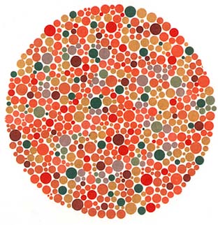 上图，红绿色盲者及红绿色弱者容易找到，但正常者及全色弱者大多却找不到。