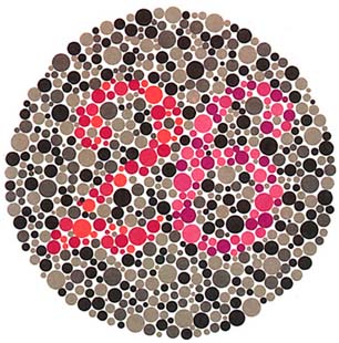 上图，红绿色盲者中的红色盲者能读出６，而绿色盲者能读出２，但红绿色弱者及正常者则两个字都能读出来。