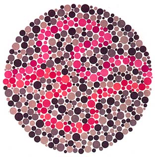 上图，红绿色盲者中的红色盲者只能找到紫色的线，而绿色盲者只能找到红色的线，但红绿色弱者、正常者则两线都找得到。