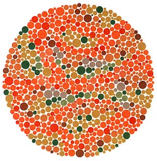 上图，红绿色盲者及红绿色弱者大多能读成５，但全色弱者及正常者则大多都读不出来。