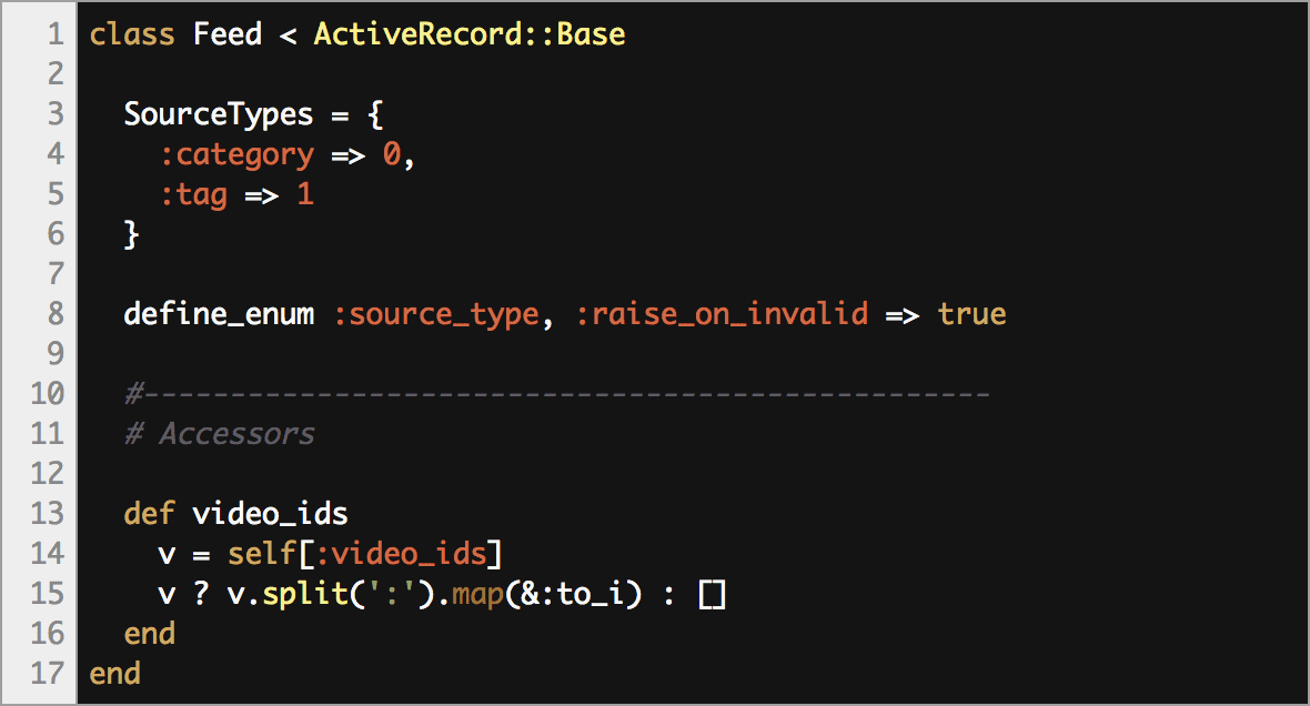 没有滚动条的 Ruby 语法高亮（充满活力的主题）。