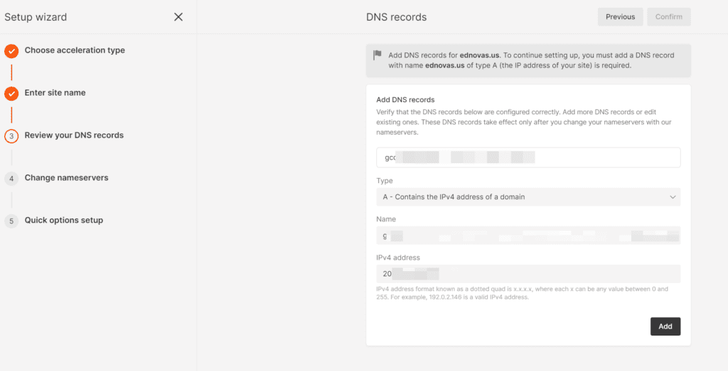添加 DNS 记录：确认以下 DNS 记录配置正确。
