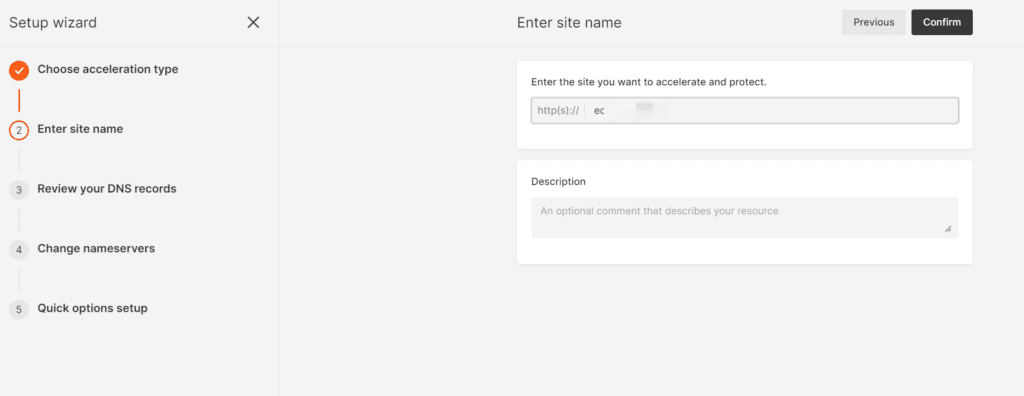 输入您要加速和保护的站点：将你的网站域名输入进去，无需填写网站描述。