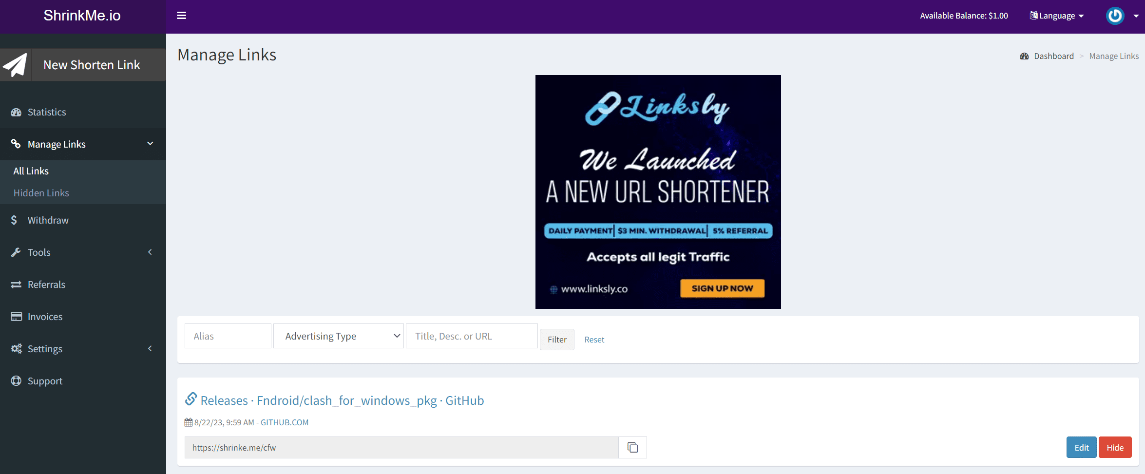 短网址赚钱 shrinkme.io 短链接万次点击最高 220 美元！-1